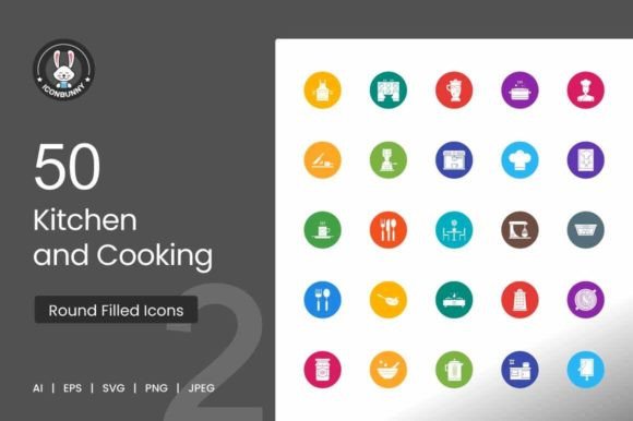 50 Kitchen and Cooking Flat Round Icons