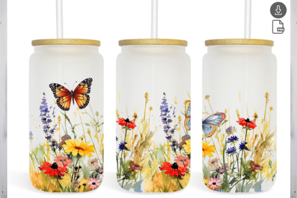 Butterfly Flowers 16 Oz Libbey Glass Can